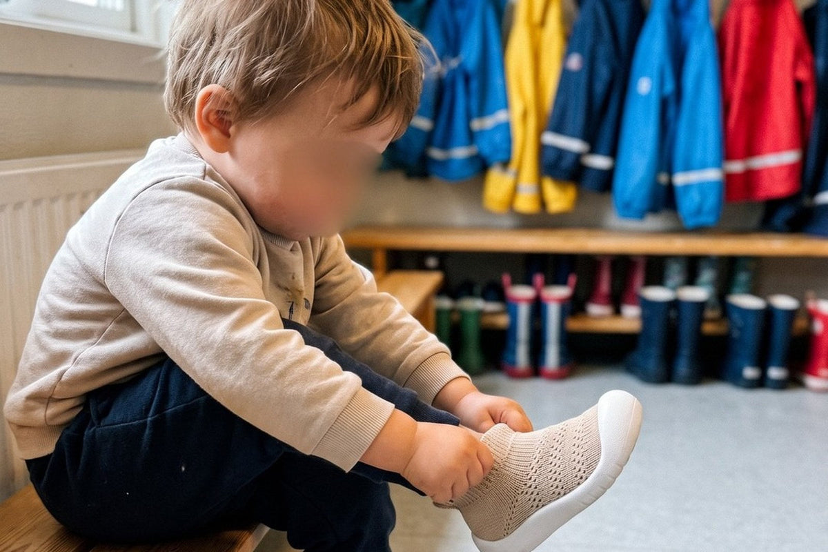 Barn tar på sig inneskor i förskolans hall