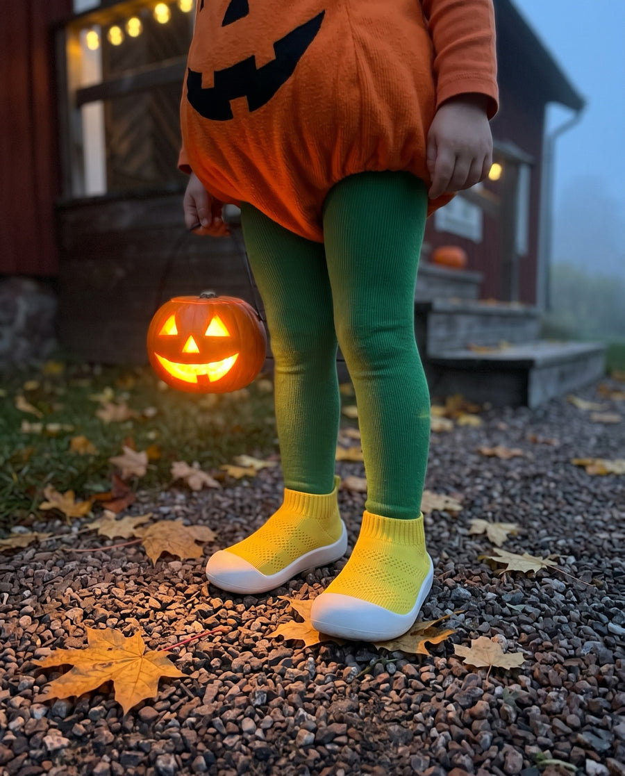 Barn utklätt till pumpa med lykta, i Drömmaren gul